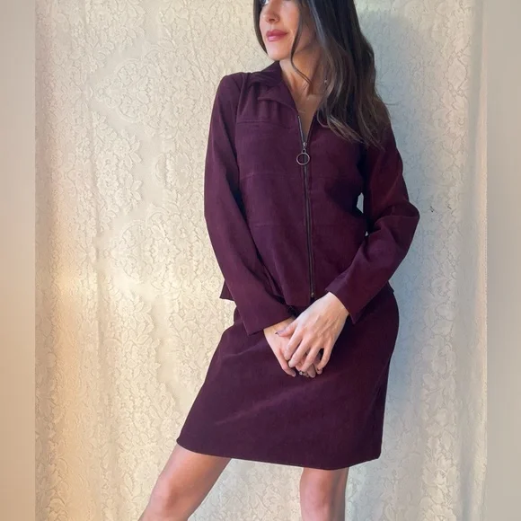 Vintage 90s Burgundy Suede Zip Up Skirt Set DJ & Co Soft Faux Suede Matching Set - Picture 5 of 13
